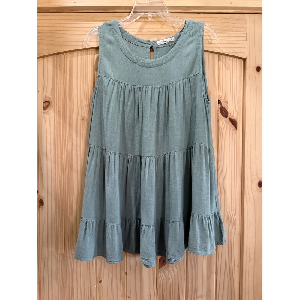 Indigo Soul Sage Green Tiered Babydoll Tank Top Sleeveless Rayon Boho Tunic L
